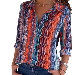 Women’s Colorful Pattern Long Sleeve Button Up Blouse - size large
